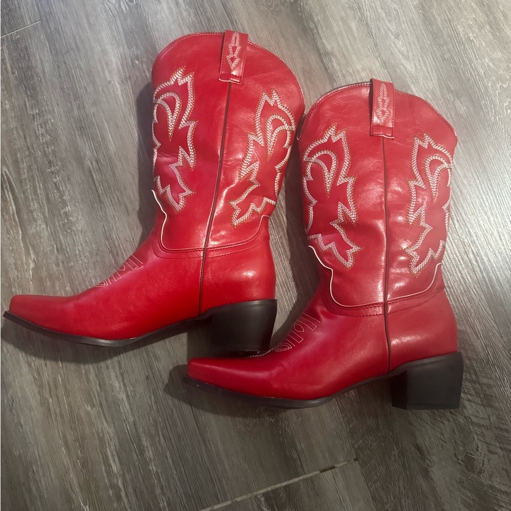 Red cowboy boots with a heel